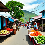 **

> Vibrant Dili street scene, local market (Tesote or Comoro), colorful textiles, fresh produce, friendly vendors, bustling atmosphere, Timorese culture.

**