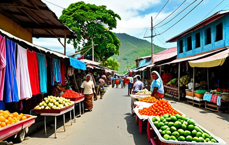 **
> Vibrant Dili street scene, local market (Tesote or Comoro), colorful textiles, fresh produce, friendly vendors, bustling atmosphere, Timorese culture.
**