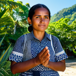 A serene local Timorese woman, fully clothed in modest, beautifully patterned traditional attire, holding a delicately handcrafted cultural artifact. She stands in a vibrant, sunlit eco-tourism resort surrounded by lush tropical greenery and a clear blue sky, evoking a sense of peaceful cultural exchange. Professional photography, high resolution, natural lighting, perfect anatomy, correct proportions, natural pose, well-formed hands, proper finger count. Safe for work, appropriate content, fully clothed, modest, family-friendly.