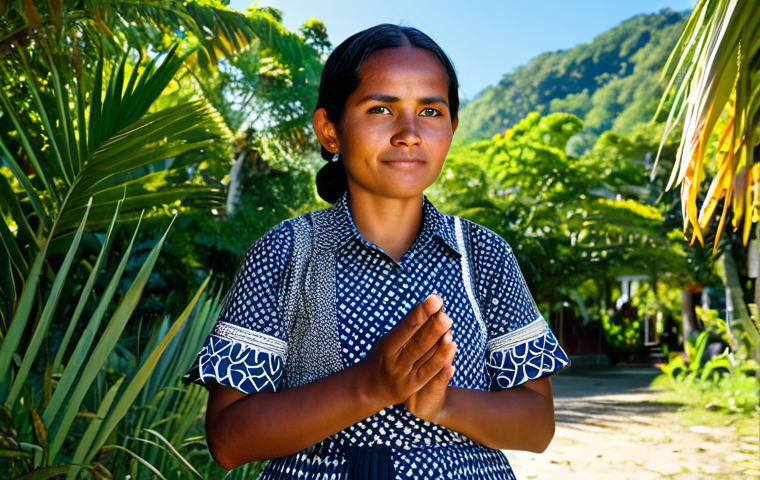A serene local Timorese woman, fully clothed in modest, beautifully patterned traditional attire, holding a delicately handcrafted cultural artifact. She stands in a vibrant, sunlit eco-tourism resort surrounded by lush tropical greenery and a clear blue sky, evoking a sense of peaceful cultural exchange. Professional photography, high resolution, natural lighting, perfect anatomy, correct proportions, natural pose, well-formed hands, proper finger count. Safe for work, appropriate content, fully clothed, modest, family-friendly.