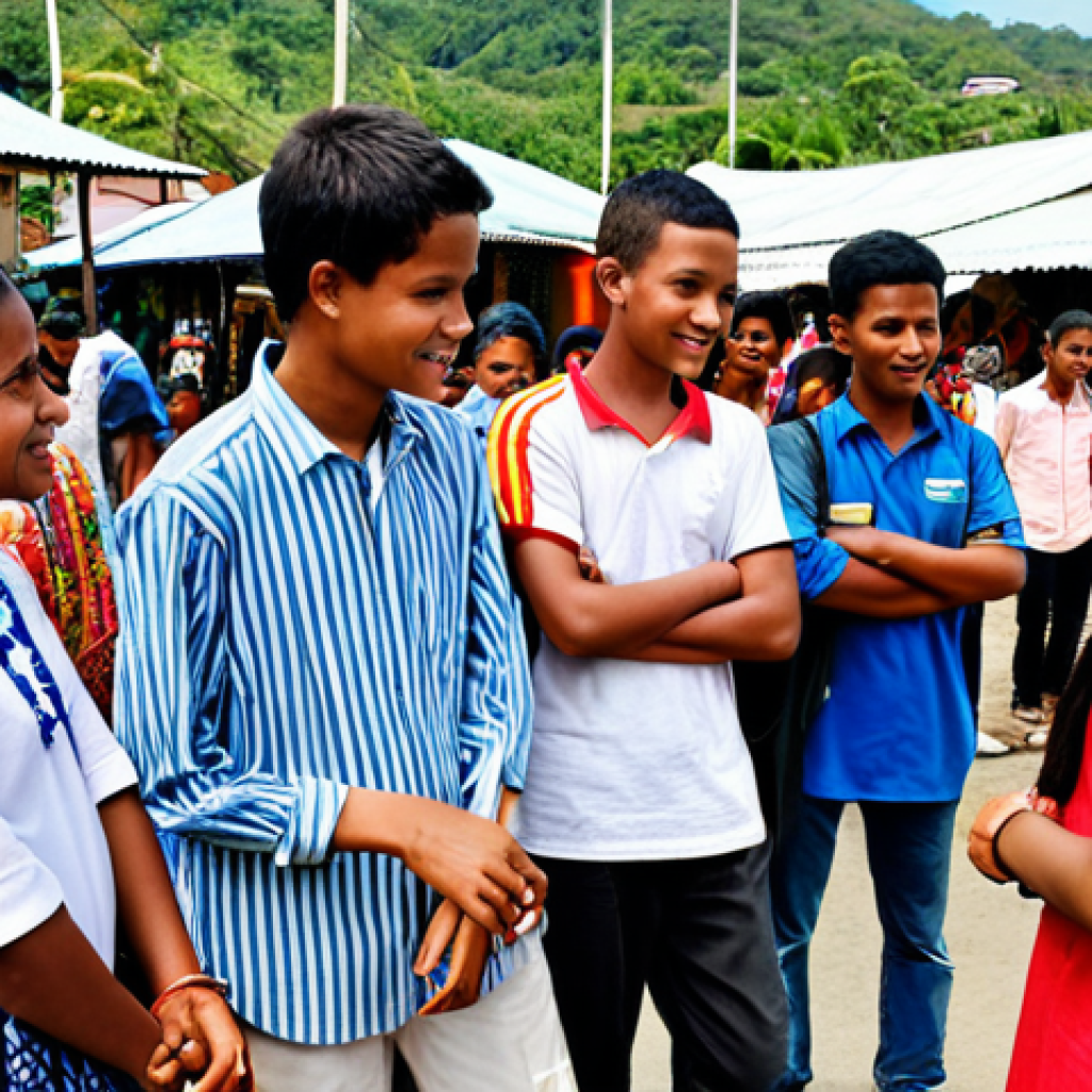 **

"A group of diverse international students, fully clothed in modest attire, participating in a cultural exchange program in Dili, East Timor. The scene shows them interacting with local Timorese people in a friendly and respectful manner. Background: A bustling local market with colorful textiles and handicrafts. safe for work, appropriate content, professional, perfect anatomy, natural proportions, family-friendly."

**