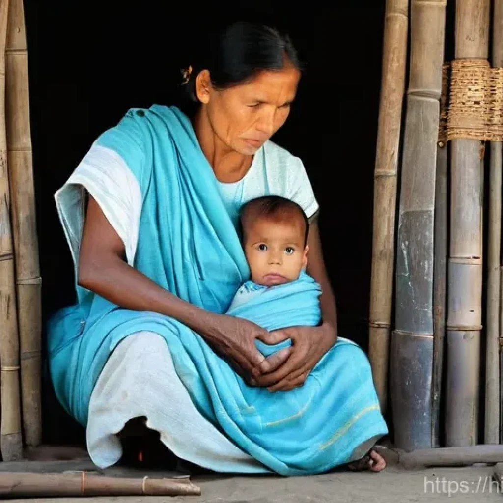 동티모르 기아 문제 - **Prompt:** A poignant, realistic photograph of a rural Timorese family (parents and two young child...