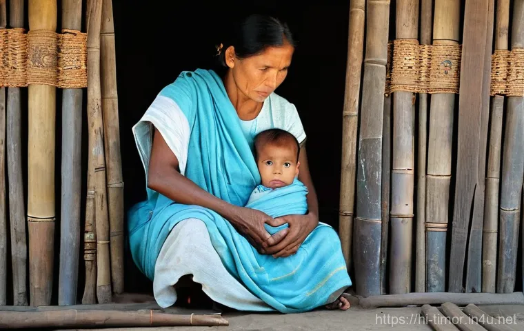동티모르 기아 문제 - **Prompt:** A poignant, realistic photograph of a rural Timorese family (parents and two young child...