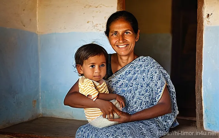 동티모르 기아 문제 - **Prompt:** A wide-angle, documentary-style photograph showcasing a small group of Timorese subsiste...