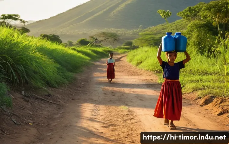 동티모르 물 부족 문제 - **Prompt 1: The Daily Journey for Water in Rural East Timor**
    A realistic photograph captured in...