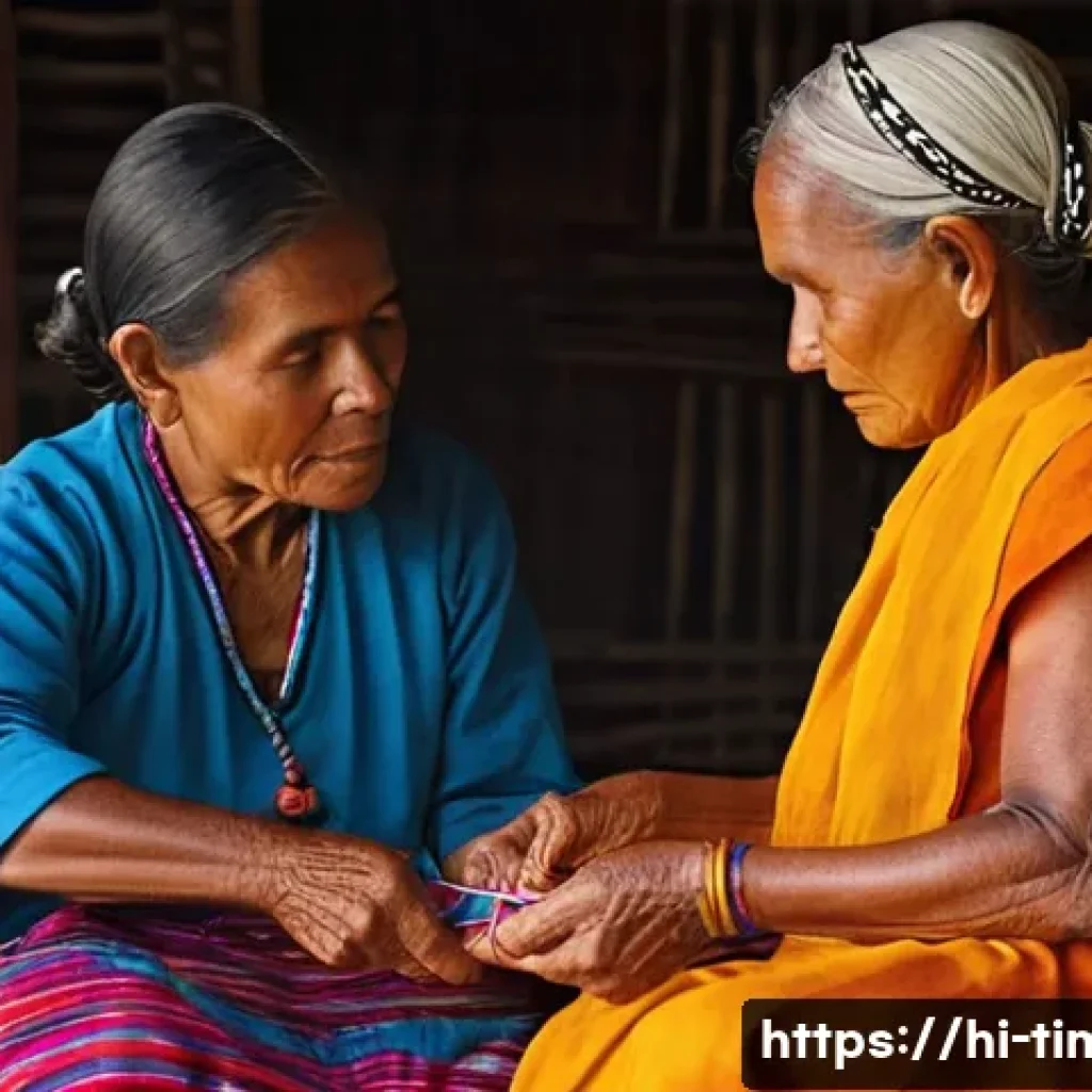 동티모르 부족 문화 - **Prompt 1: Tais Weaving and Generations**
"A visually rich and detailed close-up shot of an eld...