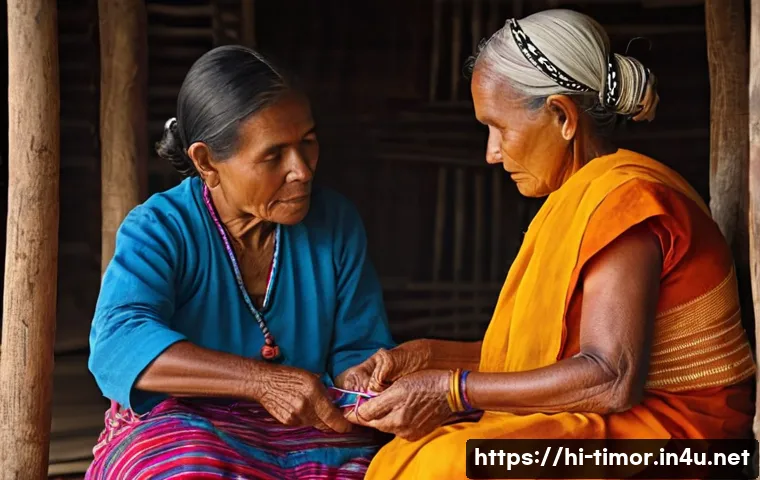 동티모르 부족 문화 - **Prompt 1: Tais Weaving and Generations**
    "A visually rich and detailed close-up shot of an eld...