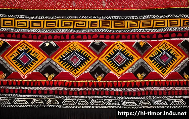 동티모르 공예품 구매 가이드 - A vibrant Dongtimor traditional textile displayed on a wooden table, featuring intricate handwoven c...