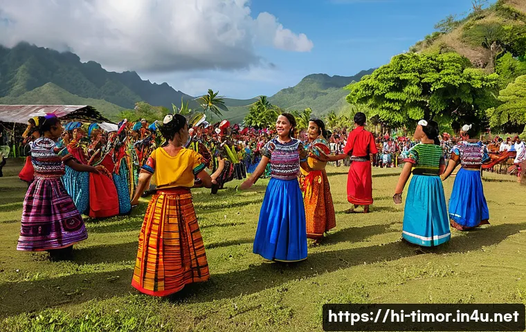 동티모르 역사의 주요 사건 - A vibrant traditional festival scene in East Timor featuring local men and women wearing colorful tr...