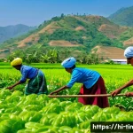 Home 19 동티모르와 유럽 연합의 관계 - A vibrant rural scene in Dontimor showing local farmers working in lush green fields with modern agr...