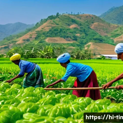 Home 31 동티모르와 유럽 연합의 관계 - A vibrant rural scene in Dontimor showing local farmers working in lush green fields with modern agr...
