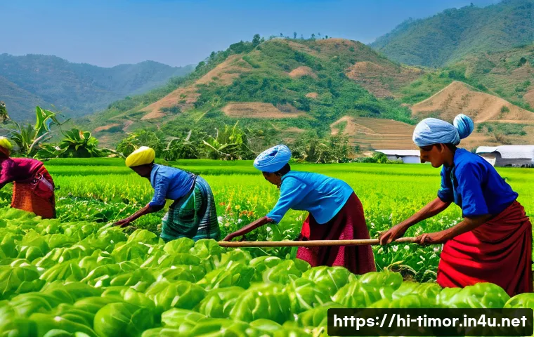 동티모르와 유럽 연합의 관계 - A vibrant rural scene in Dontimor showing local farmers working in lush green fields with modern agr...