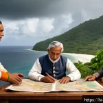 Home 23 동티모르 국경 분쟁 - A detailed historical scene depicting the colonial era boundary negotiations between Portuguese and ...