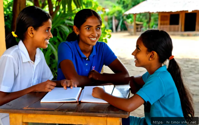 Home 17 동티모르의 언어 티툼어 - Photorealistic educational scene in Timor-Leste: a friendly adult language teacher speaking with two...